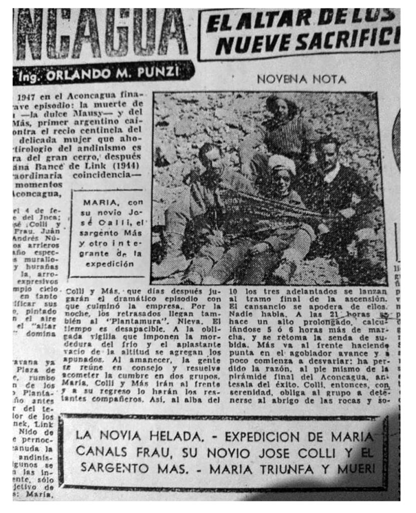 Recorte de diario sobre la expedición de Mausy al Aconcagua.