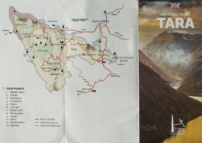 Mapa de miradores en el parque nacional de Tara