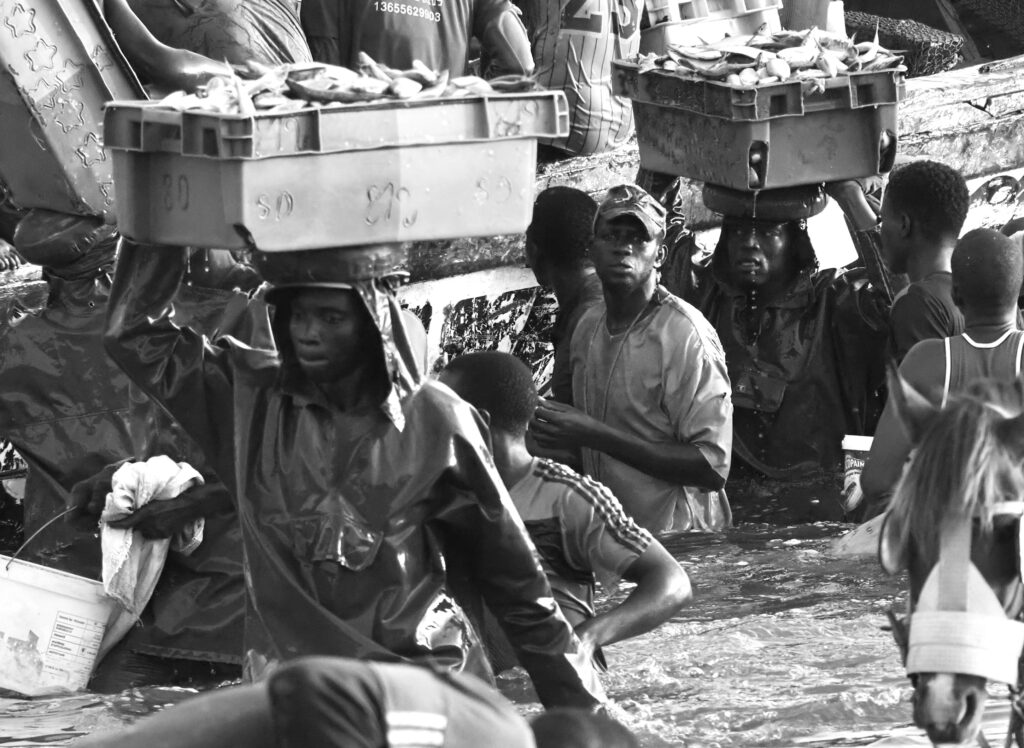 Grupo de porteadores en la llegada de pescadores a Mbour