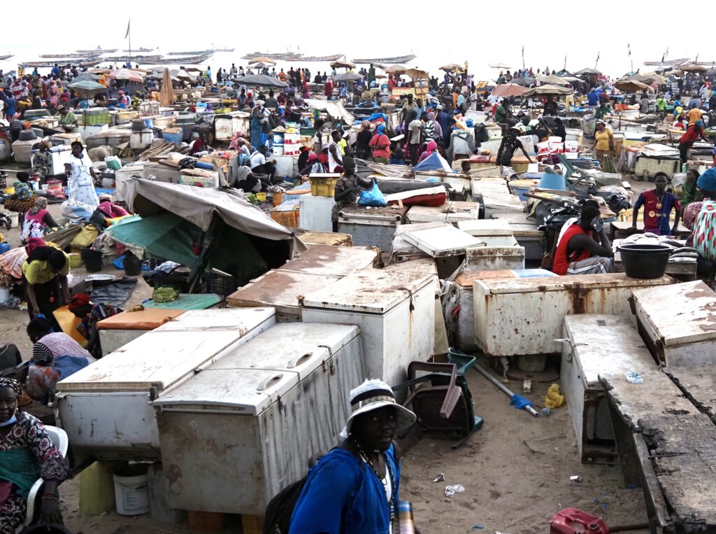 Neveras y puestos en la arena tras la llegada de pescadores a Mbour