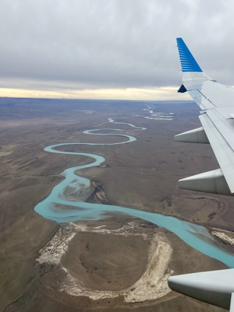 Vista aérea del Río de las Vueltas en el Chaltén