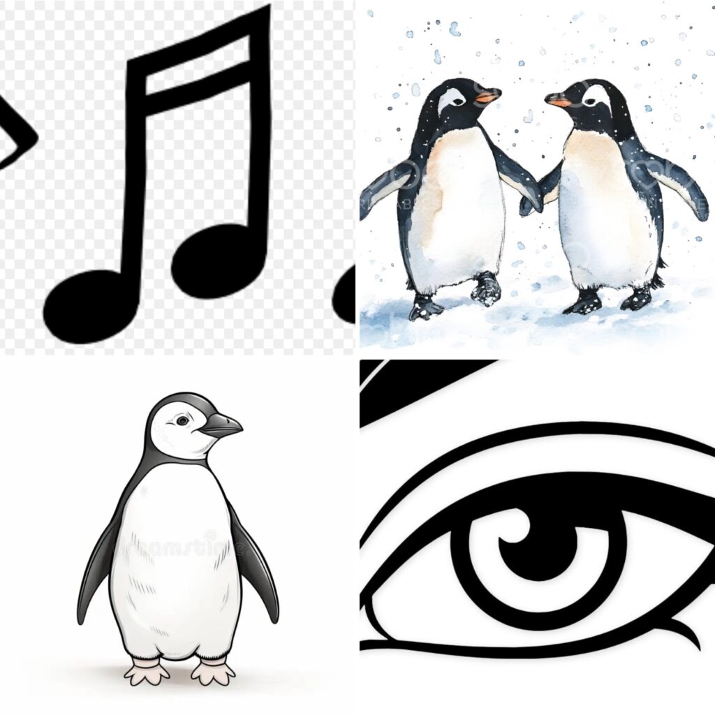 Pingüinos, ojos, notas musicales…