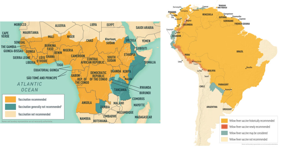 Recomendaciones de vacunación contra fiebre amarilla según el Yellow Book del CDC. Extraído de Yellow Book maps (CDC)