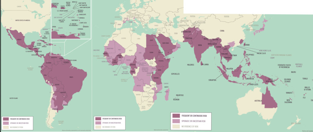 Riesgo de Dengue en el mundo. Extraído de Yellow Book maps (CDC)