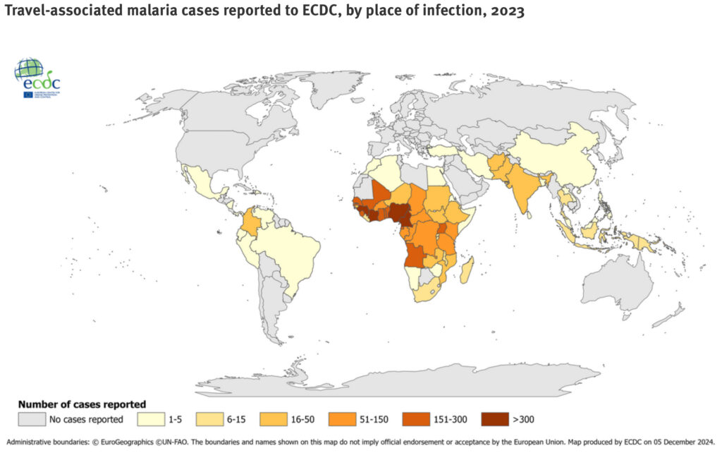 Distribución de malaria según la web del ECDC.