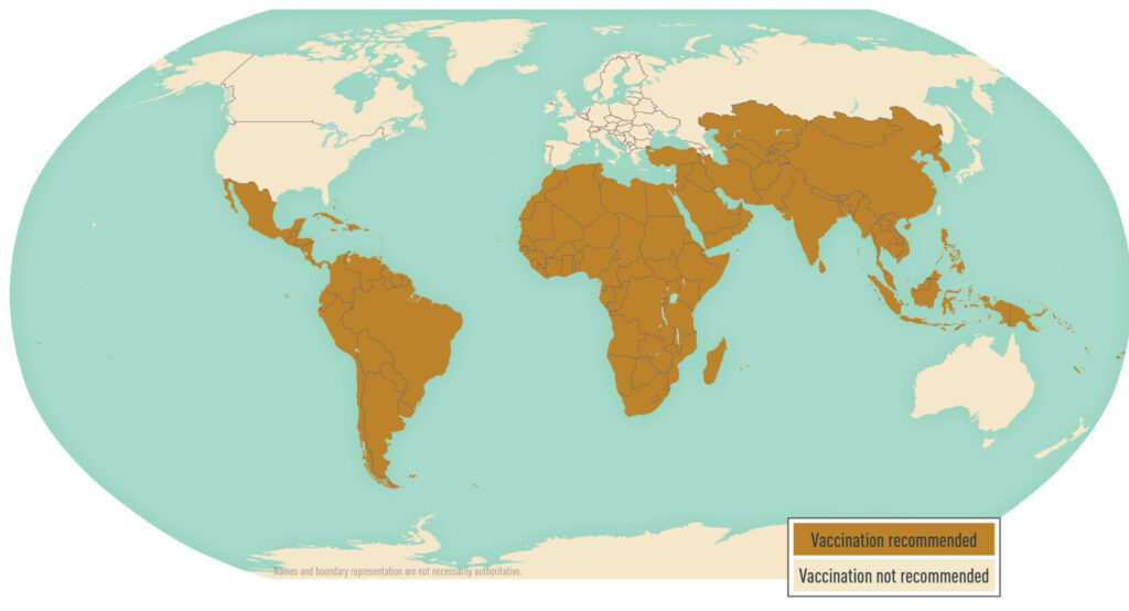 Recomendación de vacunación contra fiebre tifoidea. Extraído de Yellow Book maps (CDC)