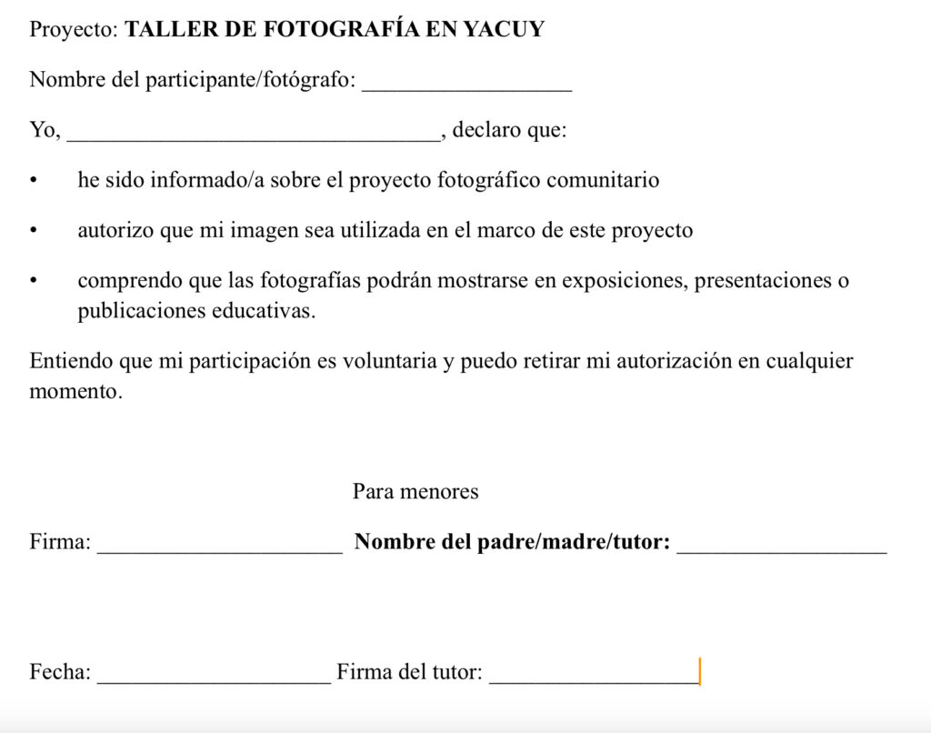 Modelo consentimiento informado para el taller de fotografía